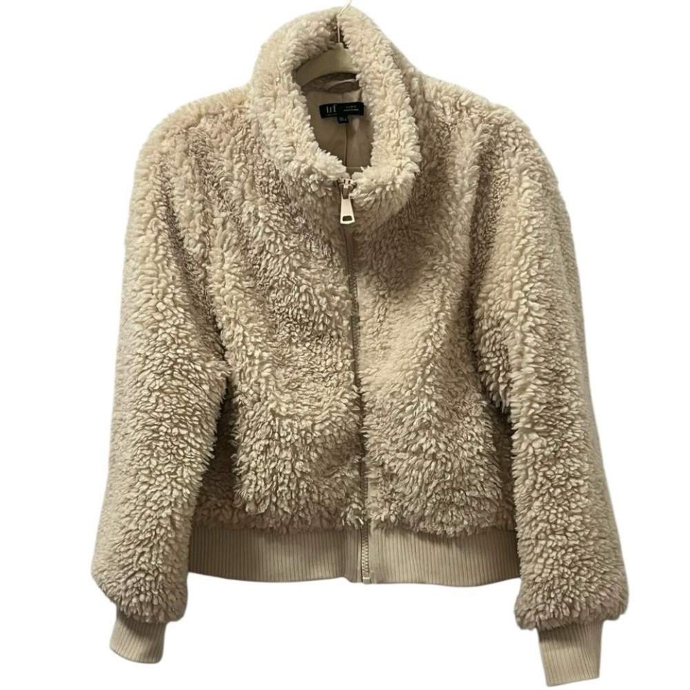 Zara TRF Teddy Bomber Jacket Juniors L Cream Sherpa Fleece Sort Cozy Zip Up